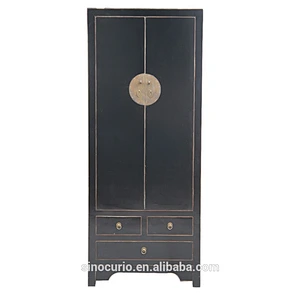 Chinese Antique Bedroom Furniture Solid Wood Black Closet Wardrobe