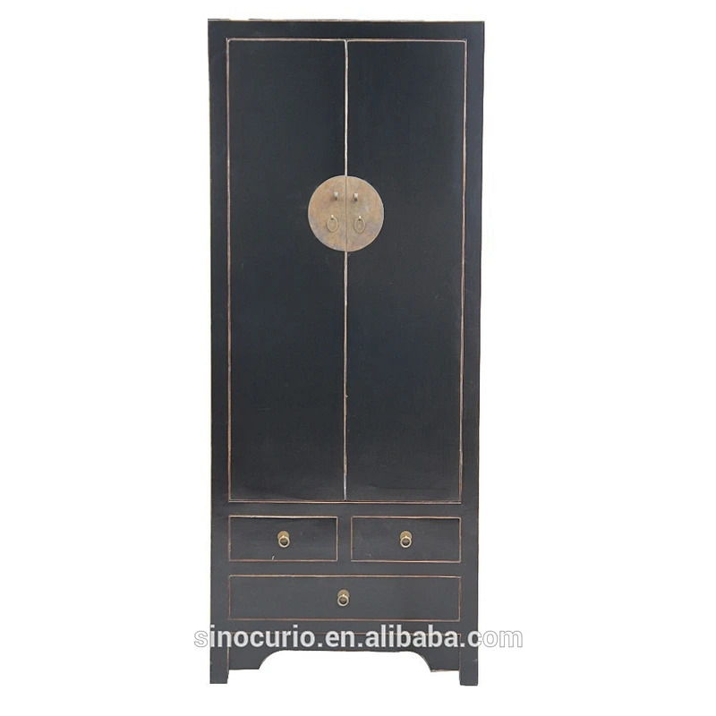 Chinese Antique Bedroom Furniture Solid Wood Black Closet Wardrobe