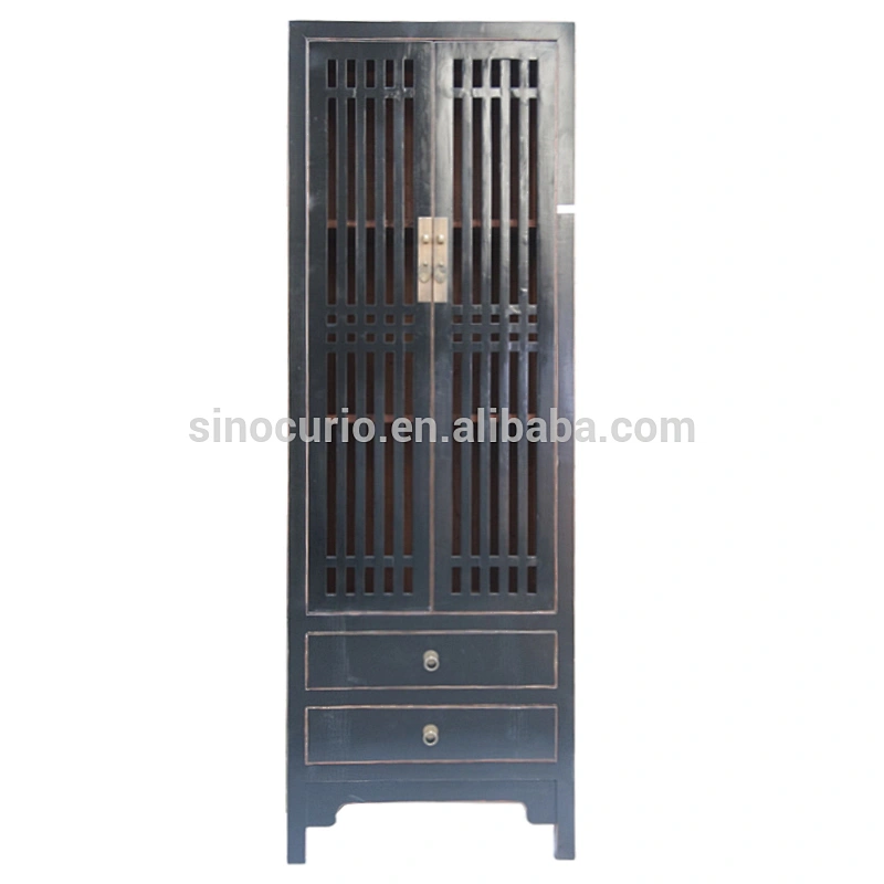 Chinese antique wood tall thin colorful storage closet wardrobe