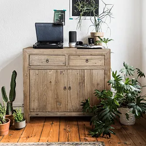 Antique traditional distressed natural reclaimed wood sideboard cabinet