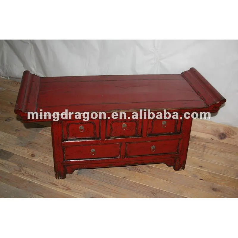 chinese antique red five drawer lacquer table