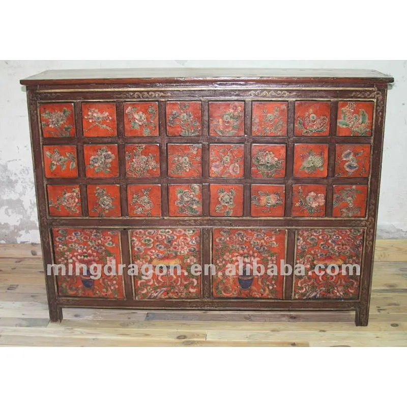 Chinese antique furniture pine wood red Tibet medicine cabinet