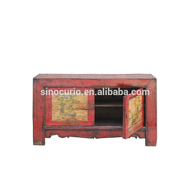 beijing wholesale rustic reclaimed wood furniture red Chinese painted antique sideboard cabinet