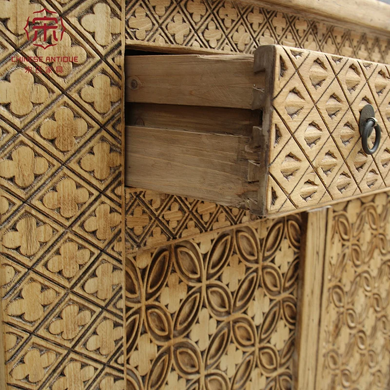 Antique rustic natural furniture hand carved wooden cabinet