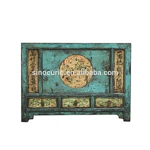 Distressed painted Mongolian antique one door three drawer sideboard chest