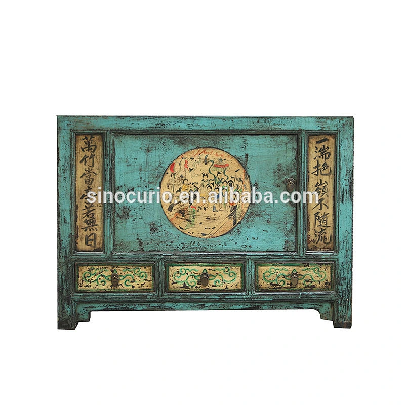 Distressed painted Mongolian antique one door three drawer sideboard chest