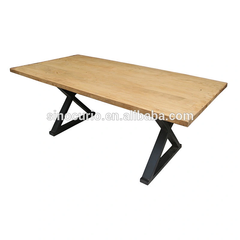 Antique iron leg rustic recycle solid wood slab dining table
