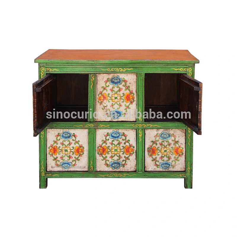 Chinese antique six doors Tibet Cabinet vintage hand painted tibetan cabinet furniture