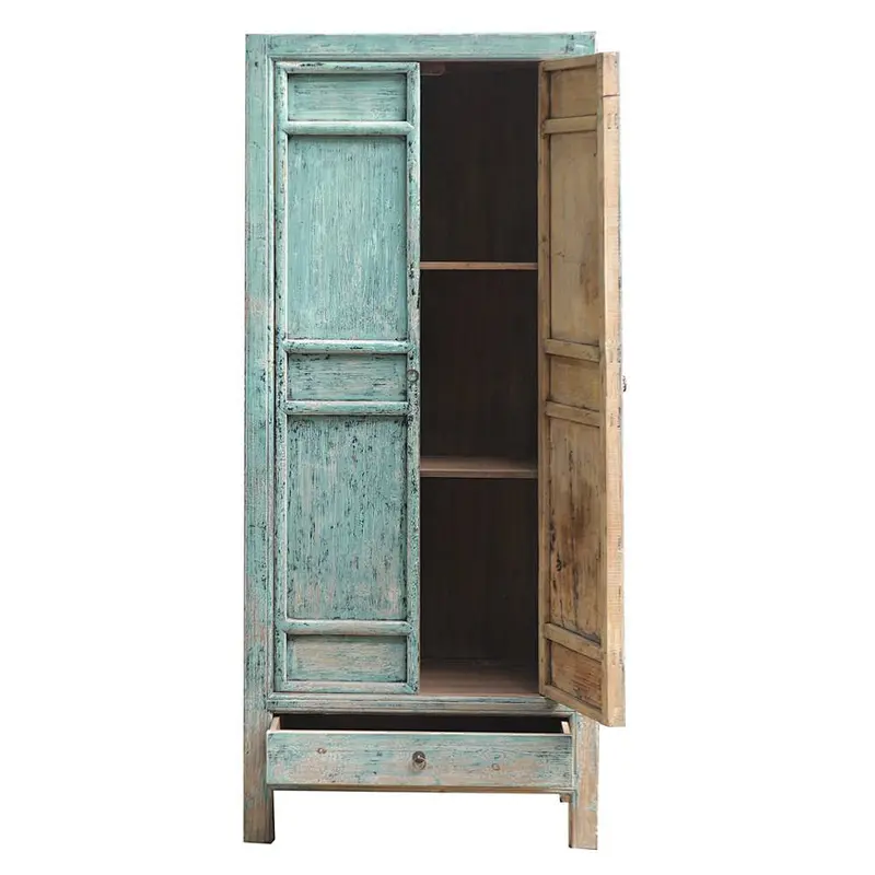 Antique Chinese 18th Century Hand Painted Wardrobe Blue Color Heavy Distressed Wedding Wardrobe