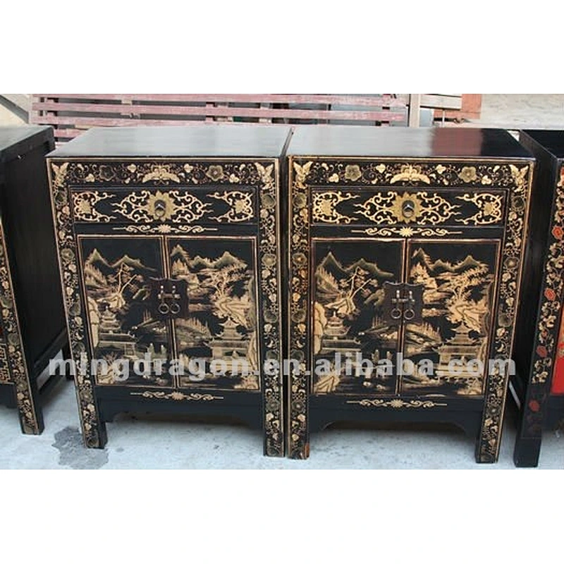 Chinese antique furniture Beijing golden & black pine wood Bedside Cabinet