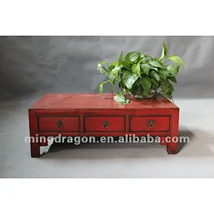 Chinese antique furniture pine wood Shanxi red three drawer small coffee table
