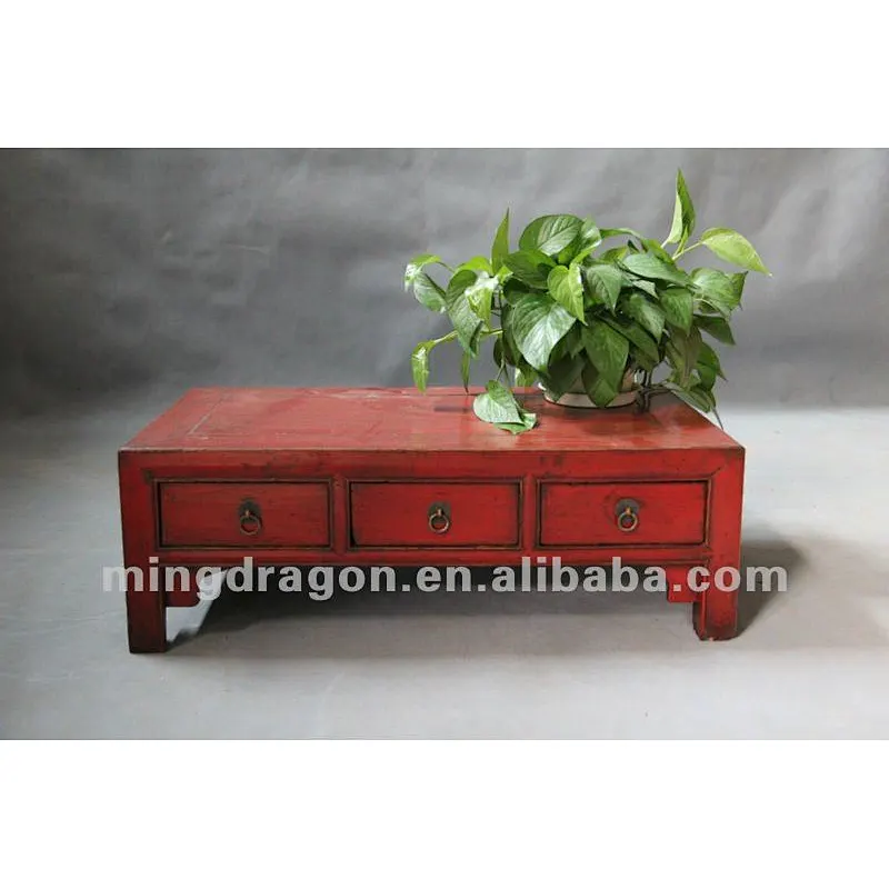 Chinese antique furniture pine wood Shanxi red three drawer small coffee table