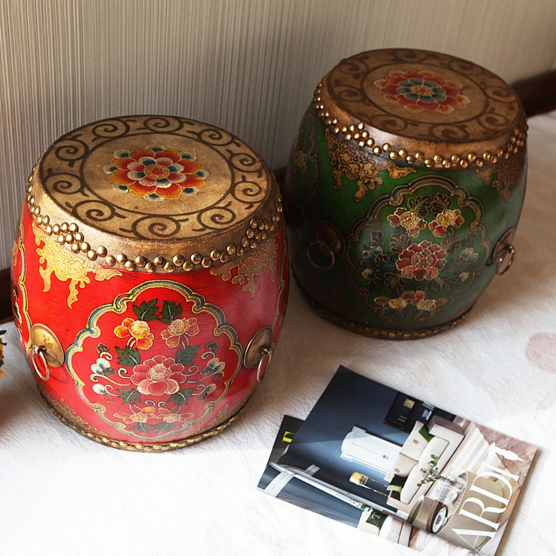 Asian antique lacquered drum classic hand painted art drum coffee table