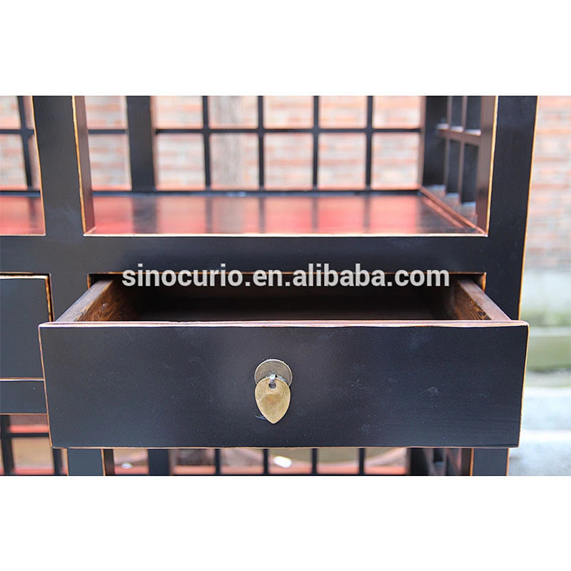 Chinese distressed black reproduction solid wooden living room book shelf showcase