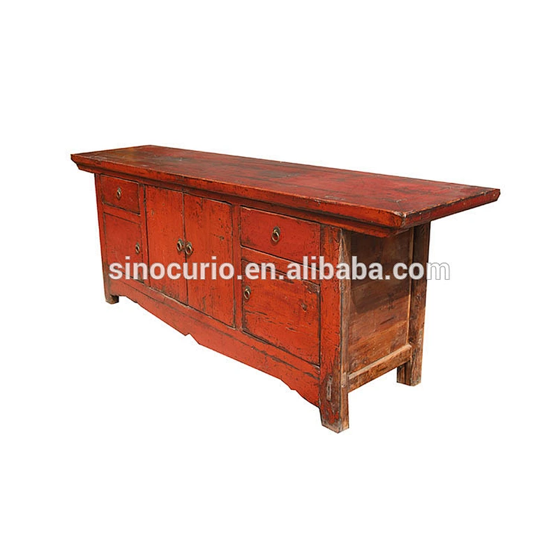 Chinese antique style solid wood TV stand red low table tv cabinet