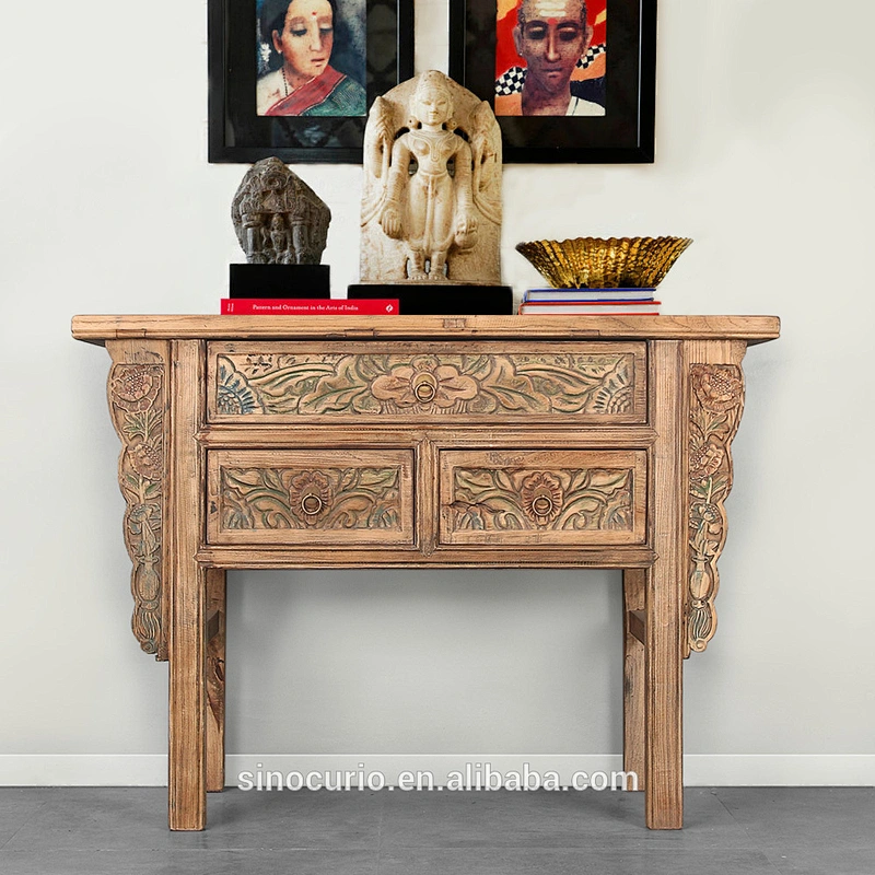 Chinese antique style wood hand carved console table with storage drawers