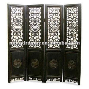 Chinese antique black carved folding screen