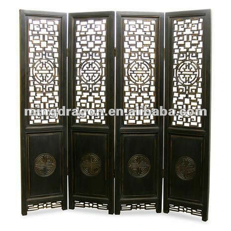 Chinese antique black carved folding screen
