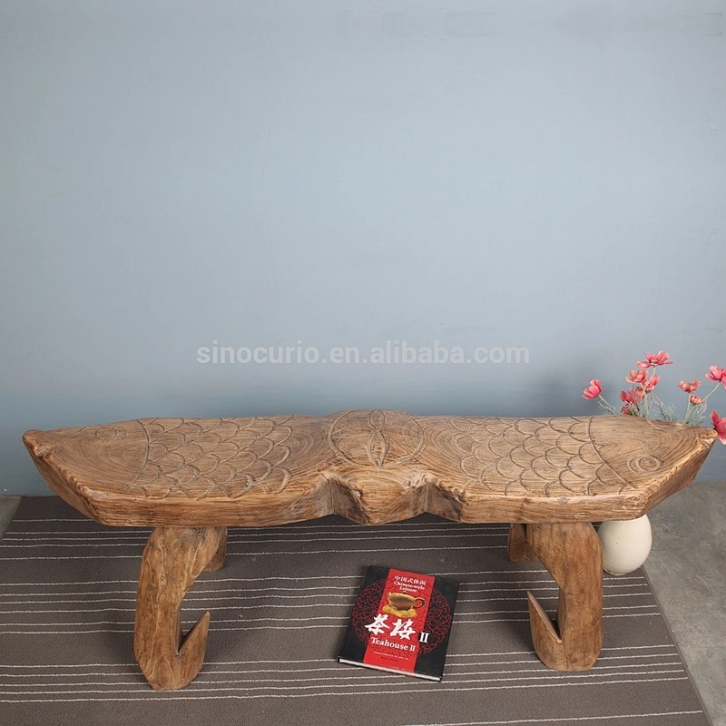 Chinese antique rustic natural solid wood stool fish fation stool
