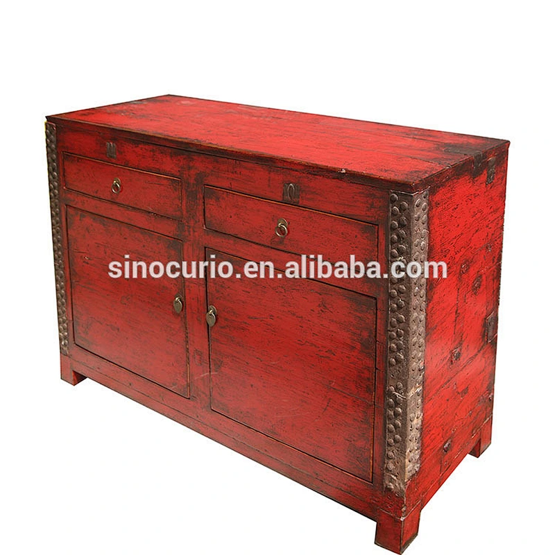 antique Chinese red restoration hall cabinet with iron details for wholesale