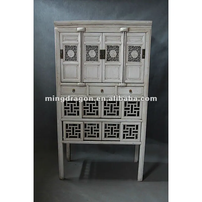 Chinese antique furniture white carved cupboard