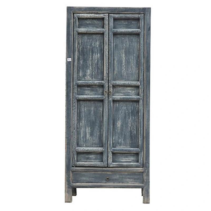 Antique Chinese 18th Century Hand Painted Wardrobe Blue Color Heavy Distressed Wedding Wardrobe