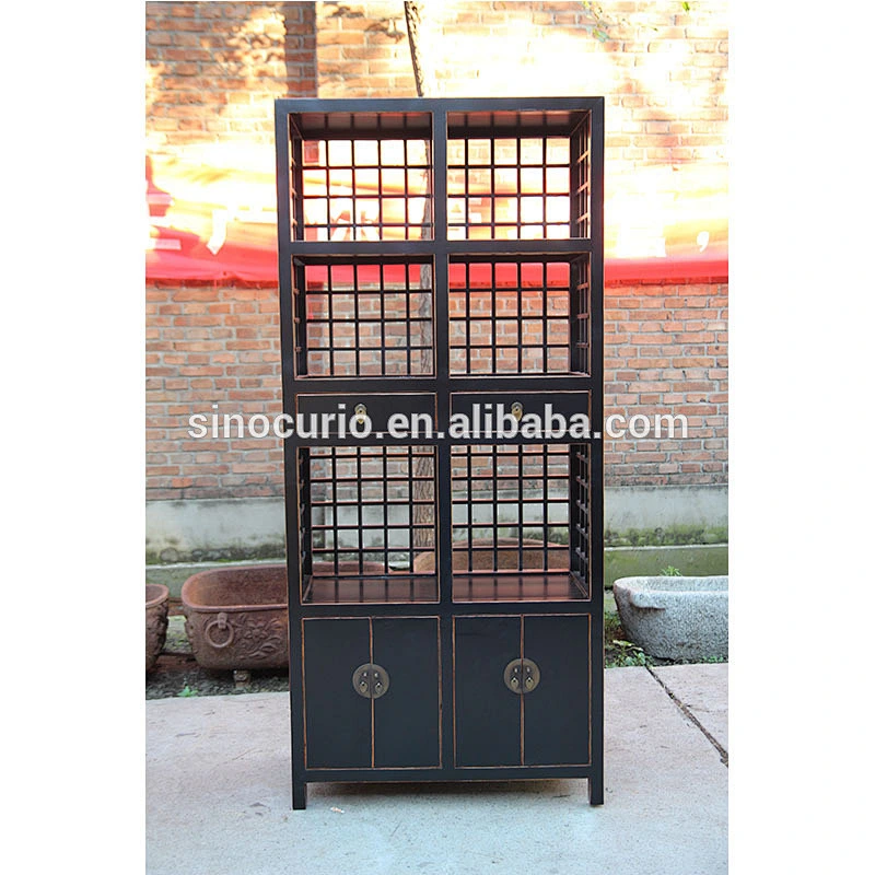 Chinese distressed black reproduction solid wooden living room book shelf showcase