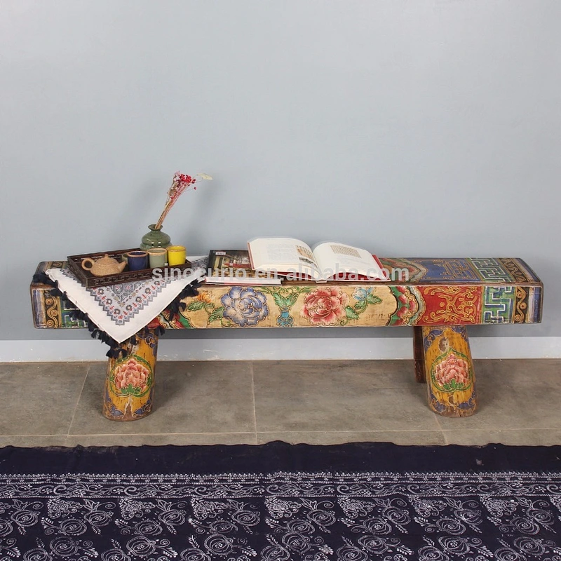 Chinese antique solid wood stool hand painting bench Bed stool