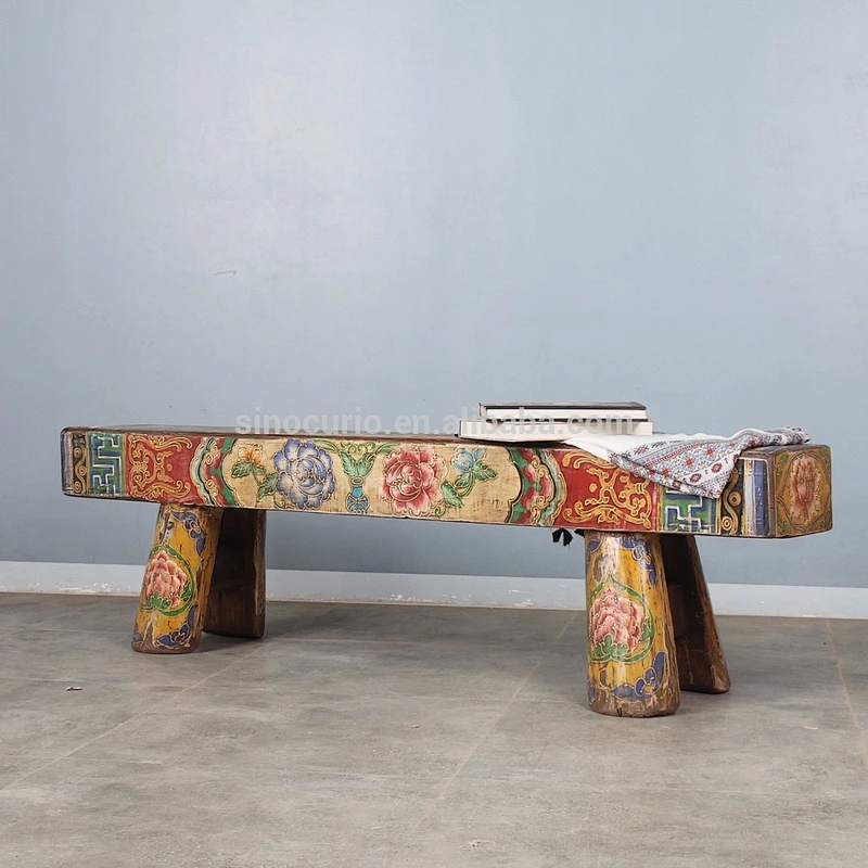 Chinese antique solid wood stool hand painting bench Bed stool