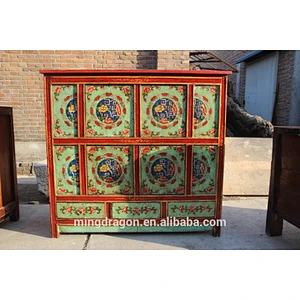Tibetan Antique Hand Painting Side Table Solid Wood Cabinet