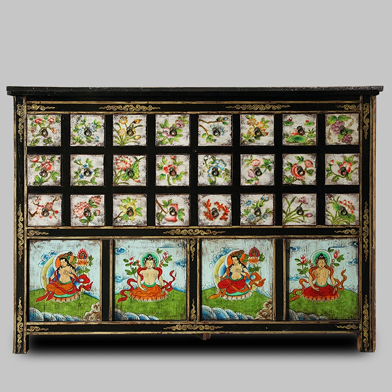 Chinese Antique Hand Painted Furniture Tibetan Medicine Cabinet