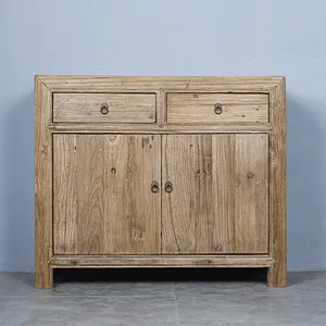 Antique traditional distressed natural reclaimed wood sideboard cabinet