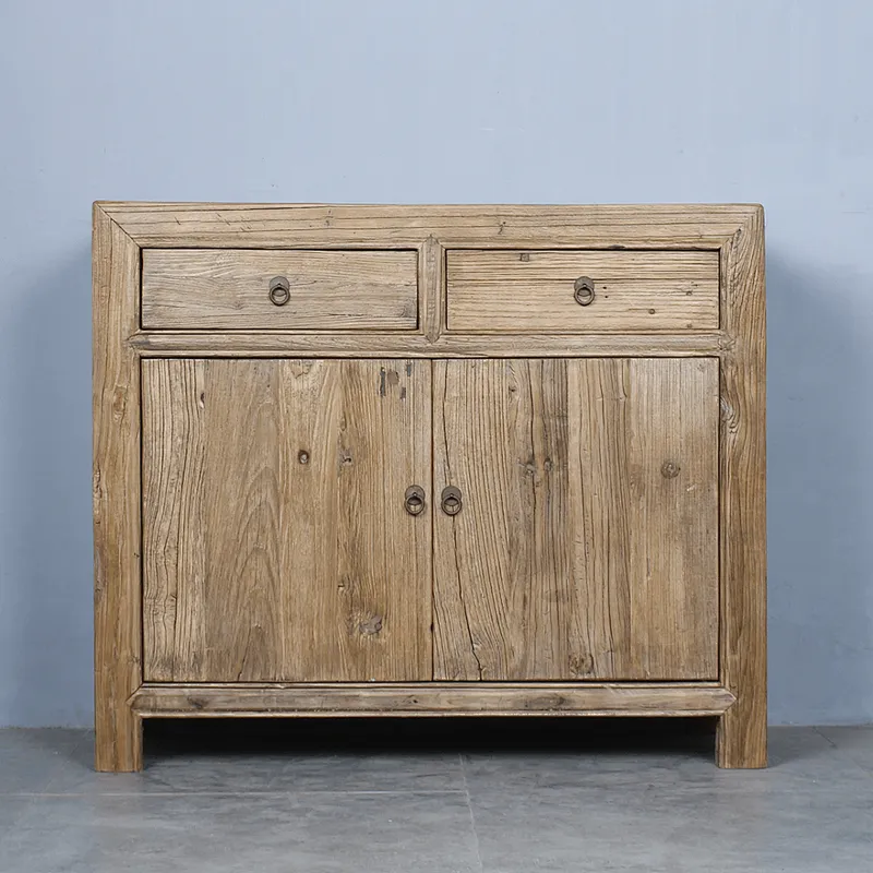 Antique traditional distressed natural reclaimed wood sideboard cabinet