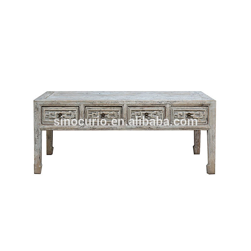 Chinese reproduction handmade rustic distressed low wooden coffee table with drawers