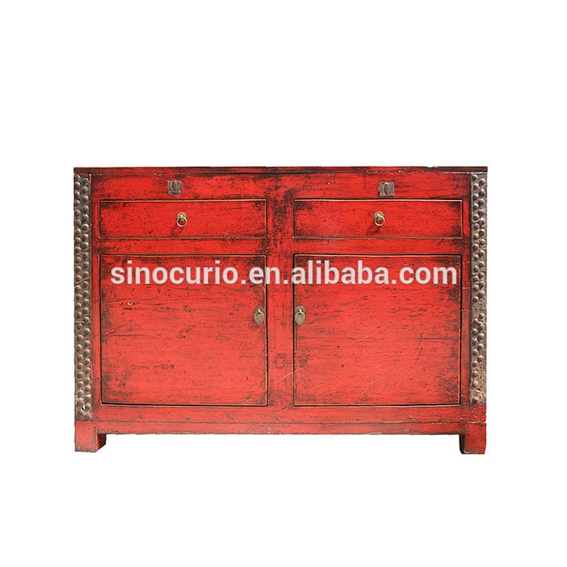 antique Chinese red restoration hall cabinet with iron details for wholesale