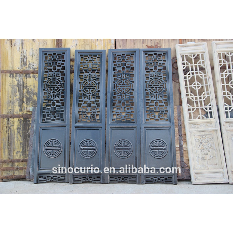 Chinese Antique vintage wooden black carved screen room divider