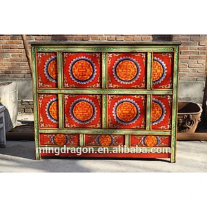 Tibetan Antique Hand Painting Side Table Solid Wood Cabinet