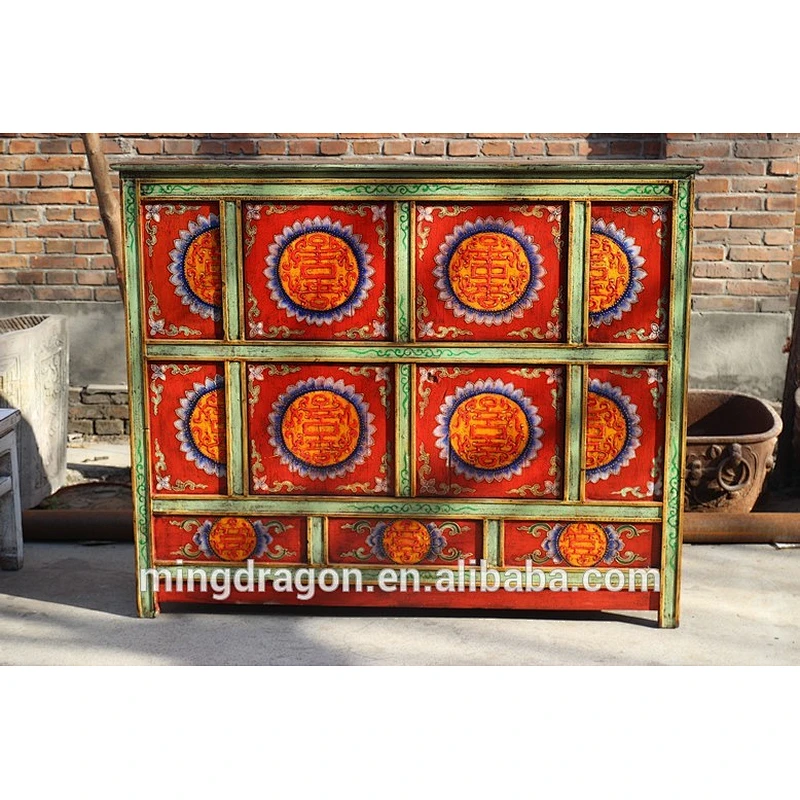 Tibetan Antique Hand Painting Side Table Solid Wood Cabinet