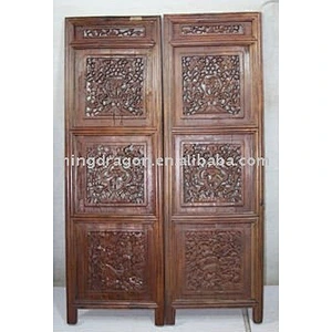 Antique Chinese Head Carved Wood Window Pane Blossom Panel Shutter