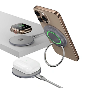 15W Magnetic wireless charger with Ring Holder for iPhone 18~12 iWatch/AirPods