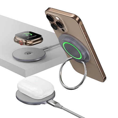 15W Magnetic wireless charger with Ring Holder for iPhone 18~12 iWatch/AirPods