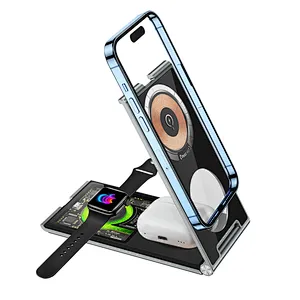Cyberpunk style 33W transparent 4-in-1 foldable magnetic wireless charger phone holder