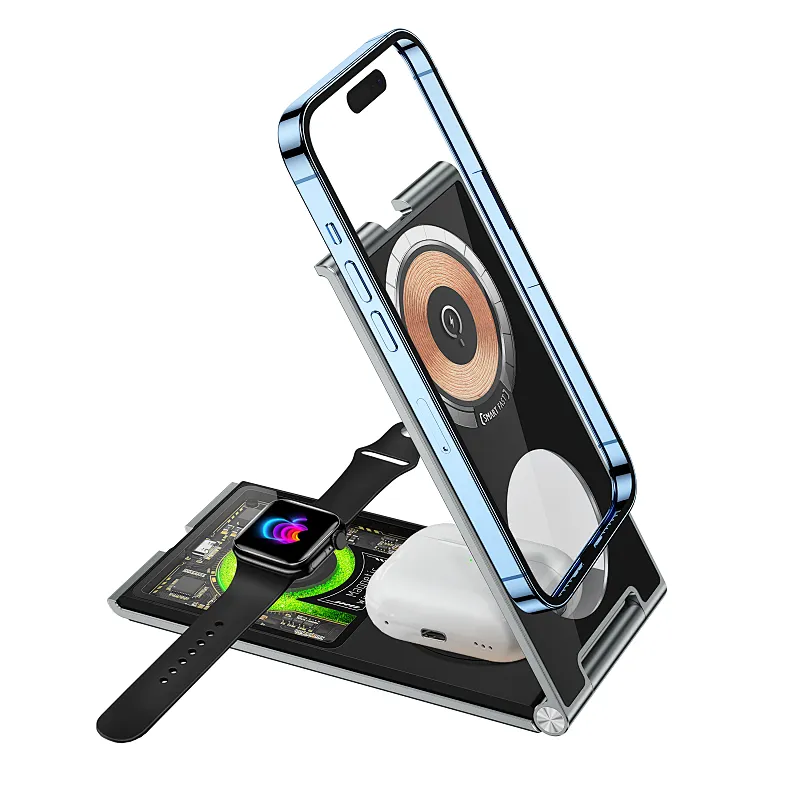Cyberpunk style 33W transparent 4-in-1 foldable magnetic wireless charger phone holder