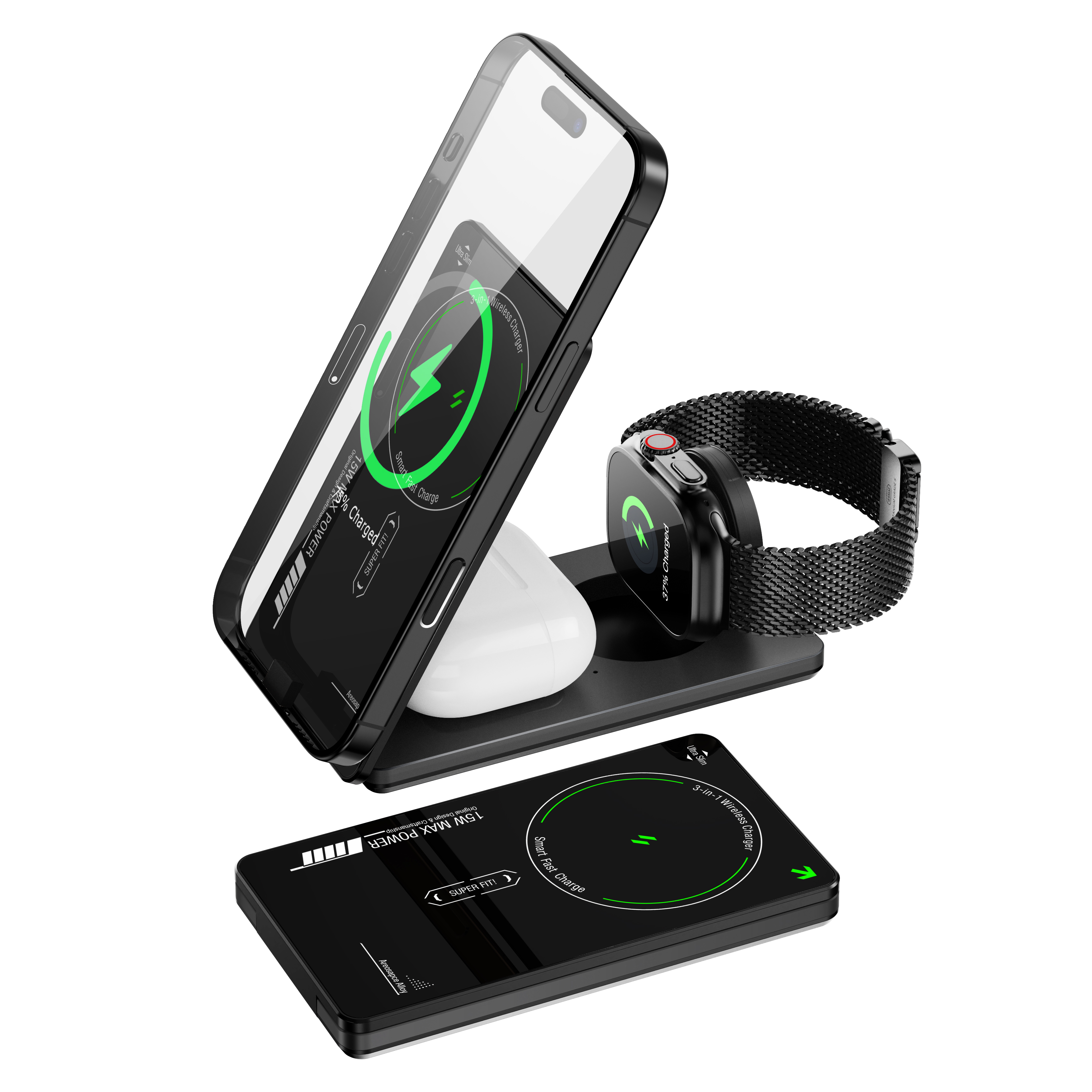 3-in-1 Foldable Magnetic Wireless charger for iPhone 18~12‚Apple Watch‚ and Airpods