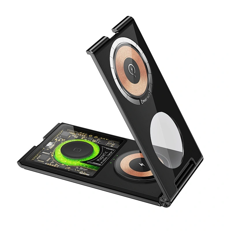 Cyberpunk style 33W transparent 4-in-1 foldable magnetic wireless charger phone holder