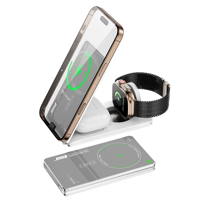 3-in-1 Foldable Magnetic Wireless charger for iPhone 18~12‚Apple Watch‚ and Airpods