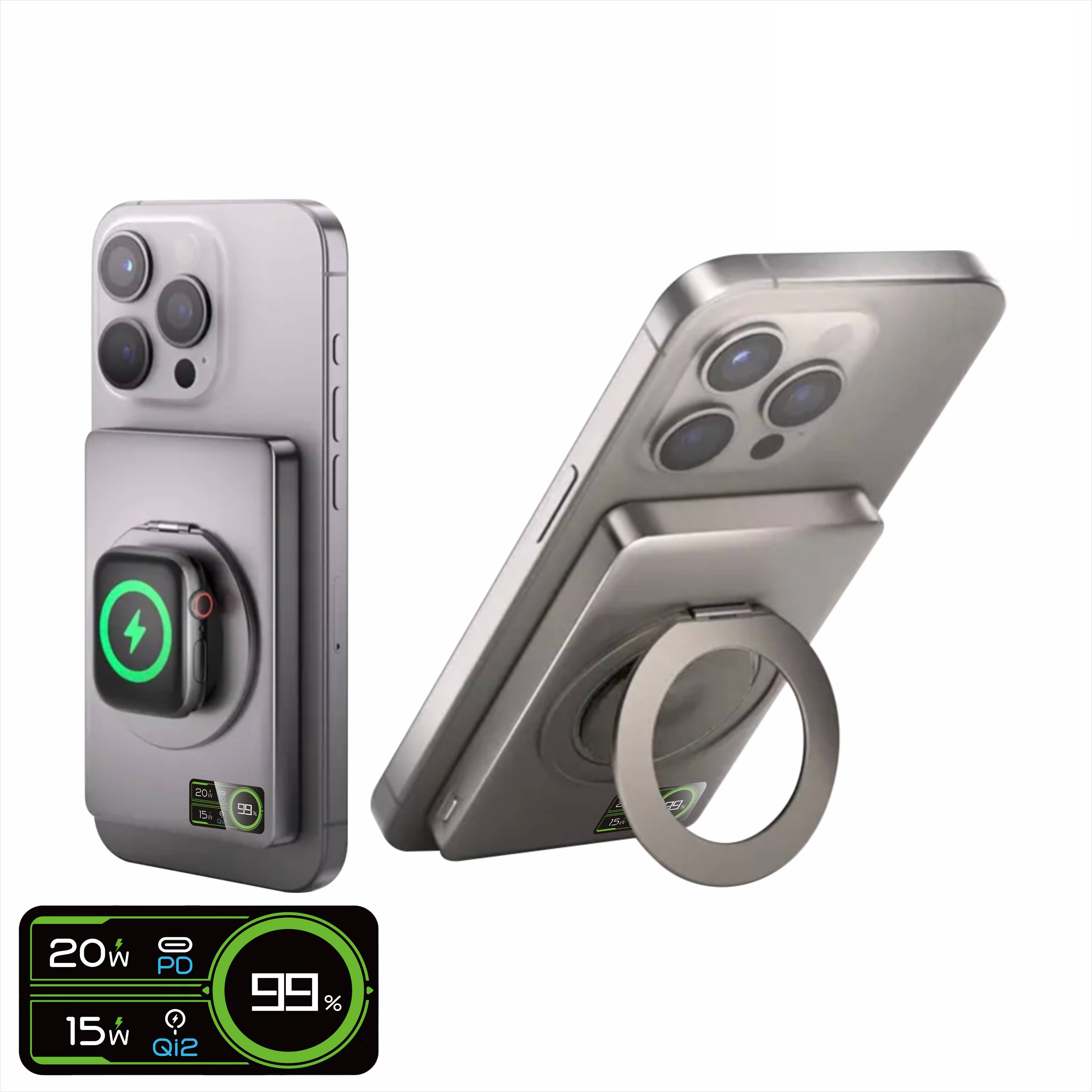 Multifunctional Intelligent Magnetic Wireless Power bank  with Finger Ring‚ 10000mAh+PD20W+MagSafe 15W+iWatch 5W