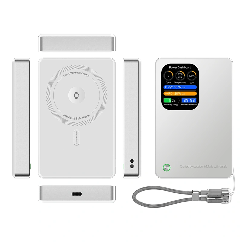3-in-1 지능형 TFT 디스플레이 울트라 슬림 자기 무선 파워 뱅크 10000mAh