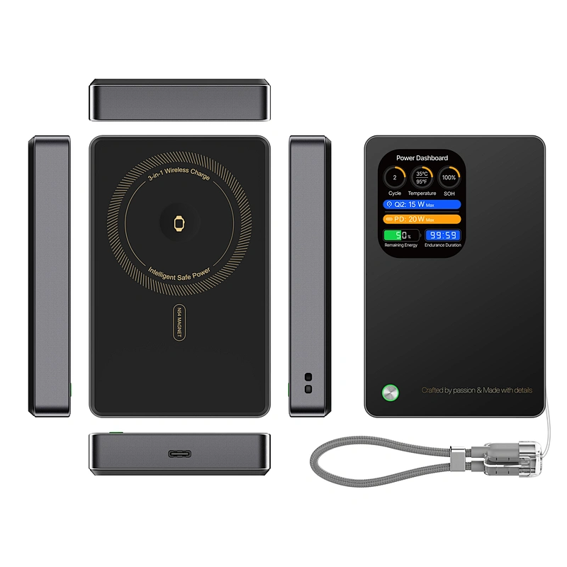 3-in-1 지능형 TFT 디스플레이 울트라 슬림 자기 무선 파워 뱅크 10000mAh