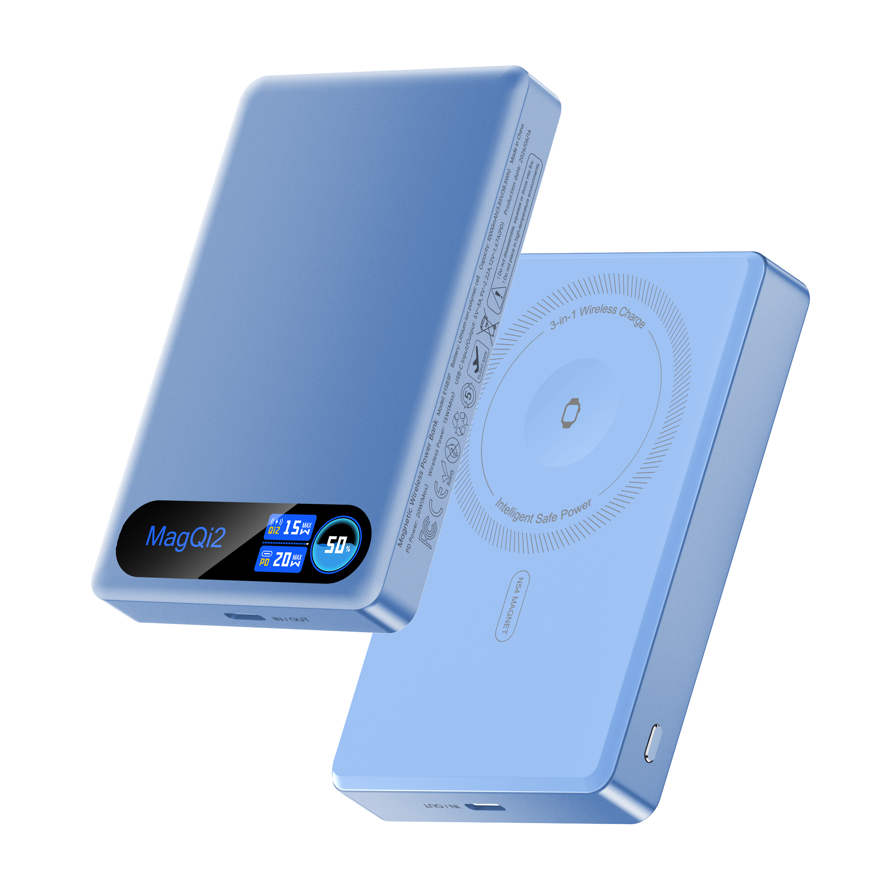 3-in-1 지능형 TFT 디스플레이, 초슬림 마그네틱 무선 충전기 10000mAh, 아이폰/에어팟/iWatch용